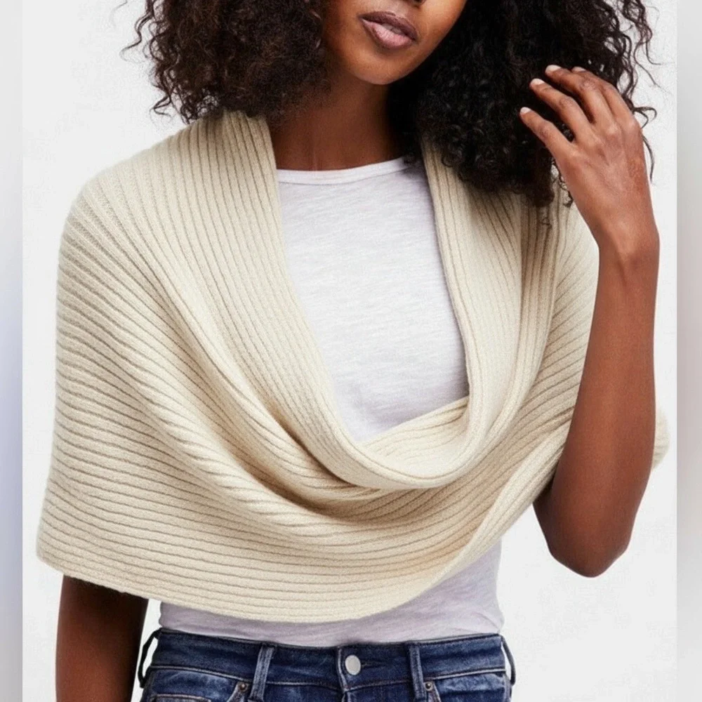 Free People Cream Hooded Knit Wrap Scarf - Picture 7 of 9